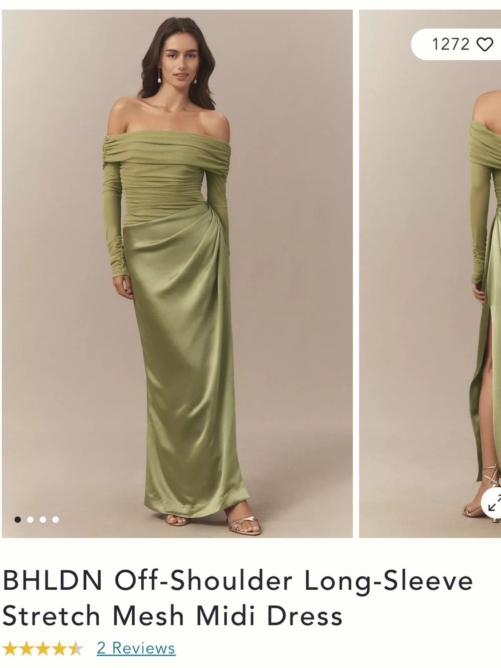 BHLDN Olive Off-Shoulder Long-Sleeve Satin Midi Dress